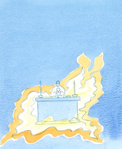 Flammer bølger ud fra forsiden af alteret, 2003 (w/c på papir) af Elizabeth Wang