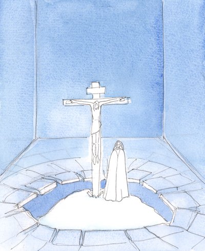 Fra vores helligdom, ved hver messe, beder Jesus Kristus, vores frelser, den bøn, han bad for os under sin lidelse, da han døde på Golgata: "Fader, tilgiv dem", 2005 (akvarel på papir). af Elizabeth Wang