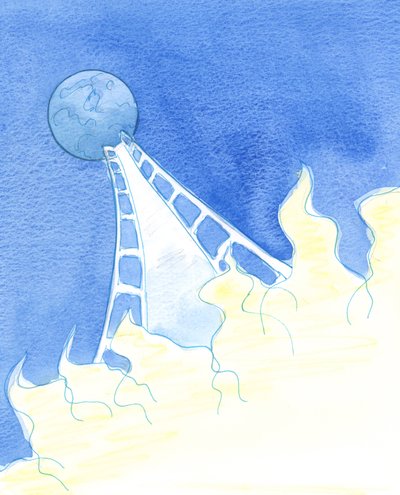 Fra Himlens herlighed har Gud skabt en bro til jorden gennem Kristus, så alle, der tror på ham og bliver døbt, kan have et sikkert håb om at nå Himlen, 2003 (w/c på papir) af Elizabeth Wang
