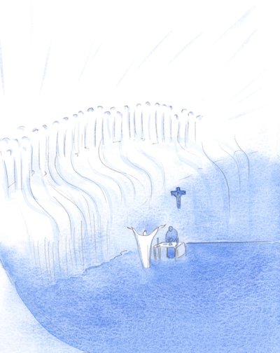 Inde fra vores midte, ved den hellige messe, er Kristus forenet med sin Fader i himlen og hilser også sine hellige i himlen., 2001 (w/c på papir) af Elizabeth Wang