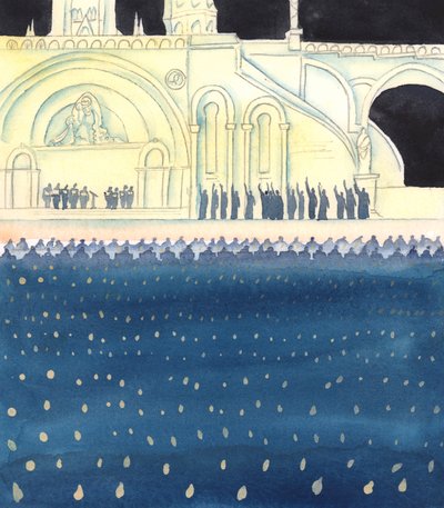 Gud og hans hellige engle ser med glæde til, hvor Kristus og hans mor Maria er til stede, hvor Kristus tilbedes og Maria æres, og hvor mennesker følger deres eksempel - som i Domaine, ved Lourdes, 2005 (akvarel på papir). af Elizabeth Wang