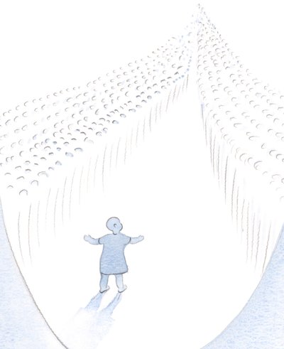 Gud vor Fader iagttager vores første skridt i dyd og nåde, som om han ser en baby, der går mod de hellige, som opmuntrer os ved deres bønner og eksempel, 2000 (w/c på papir) af Elizabeth Wang