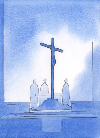 Gud viste mig, at vores tre præster, der ofrede det hellige offer, stod omkring korset, som Kristus døde på, 2002 (w/c på papir) af Elizabeth Wang