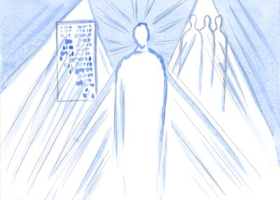 Gud, kilden til alt lys og visdom, nærer os gennem ord og gennem lærere; men i nadver møder vi den guddommelige søn, hele personen, 2001 (w/c på papir) af Elizabeth Wang