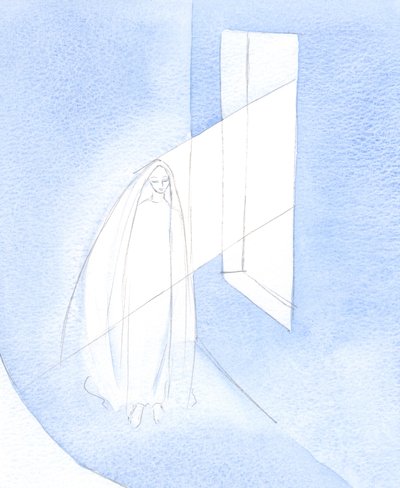 Gud fik gennem sin Helligånds handling Ordet til at komme ind i Marias liv, ved hendes samtykke, og til at tage kød i hendes mave., 2001 (w/c på papir) af Elizabeth Wang