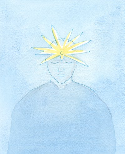 Han var blevet forvandlet ved sin hellige nadver og ved en vens bøn. På hans pande skinnede en ny perle, som udstrålede et ekstraordinært lys: tegn på en bestemt dyd, 2003 (w/c på papir) af Elizabeth Wang