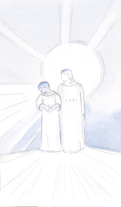 Han inviterede mig til at bære hans klædedragt og være "en anden Kristus", kærligt udfører hans arbejde, 2000 (w/c på papir) af Elizabeth Wang