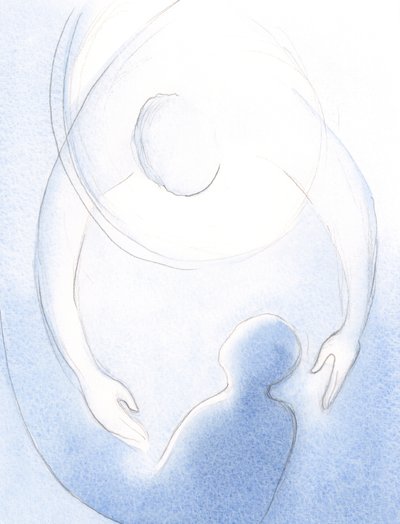 Hvor stor er Faderens kærlighed til den angrende sjæl, da Gud omfavner sjælen i én hurtig, øm bevægelse af tilgivelse., 2001 (w/c på papir) af Elizabeth Wang