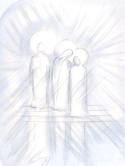 Jeg så tydeligt Jesus, hans hellige moder ved hans side og Saint Joseph ved siden af hende. Kristus giver dem til os, som hjælpere og eksempler, 2000 (w/c på papir) af Elizabeth Wang