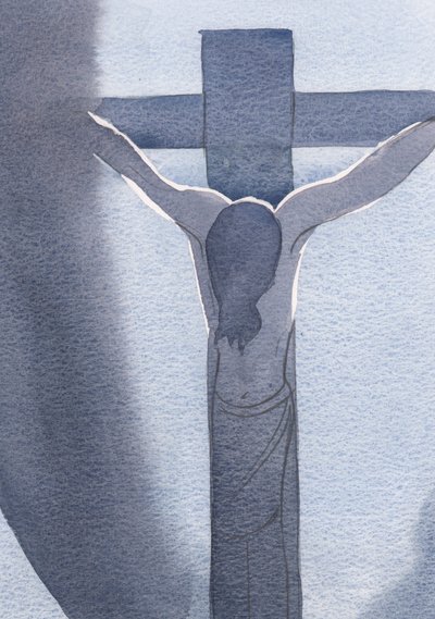 Jeg så Jesus, korsfæstet og blodig, hoved bøjet i pine. Det er her, kærligheden bragte ham, 2000 (w/c på papir) af Elizabeth Wang