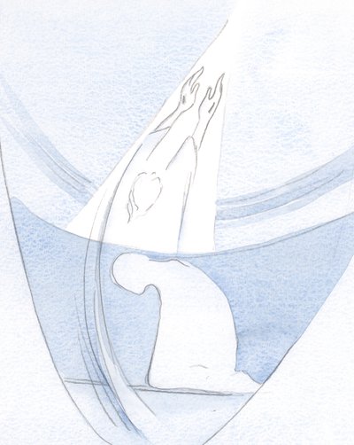 Jeg så, hvordan Kristi liv og offer gennemborer selve himlen og åbner en vej, hvor vi kan følge, for at dele hans herlighed., 2000 (w/c på papir) af Elizabeth Wang