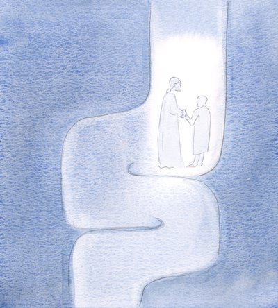 Jeg så, at Kristus holder mig under mine rejser, mens vi bevæger os videre til Faderen, som om vi rejser gennem snoede tunneler, 2000 (w/c på papir) af Elizabeth Wang