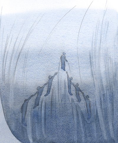 Jeg så, at vi ved vores bønner for nogen og hendes bønner for os løfter hinanden tæt på Guds hjerte., 2001 (w/c på papir) af Elizabeth Wang