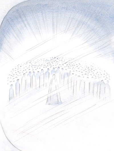Jeg så de hellige støde, som det var, for det privilegium at hjælpe os, med Jomfru Maria i deres centrum, 2000 (w/c på papir) af Elizabeth Wang
