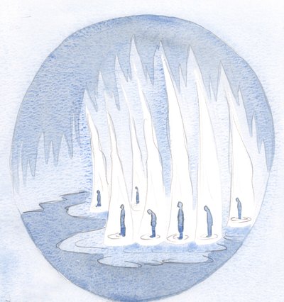 Jeg så, hvilke hellige og herlige helligdomme vi er, oplyst af hans nåde, gennem vores hellige nadver, 2000 (w/c på papir) af Elizabeth Wang