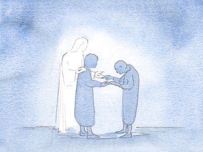 Jeg blev vist, at hvert mit ømme ord eller min gestus er en hellig og glad måde, hvorpå Kristus hilser andre gennem mig, 2000 (w/c på papir) af Elizabeth Wang