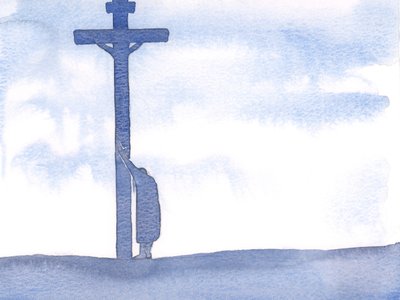 Hvis vores lidelser gør det svært at bede, kan vi blot læne os op på korset, tæt på Kristus, hvile i ham og tålmodigt udholde vores vanskeligheder, 2000 (w/c på papir) af Elizabeth Wang