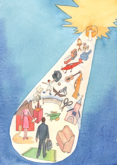 Hvis vi hævder at gå på en vej mod himlen, hvor mange unødvendige ting på vejen distraherer eller ødelægger os?, 2004 (w/c på papir) af Elizabeth Wang