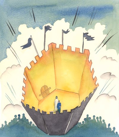 Hvis vi beder i Kristi navn, med tro på ham og i hans ånds kraft, kan vi være sikre på at holde de tanker, fristelser, dæmoner og frygt, som nogle gange angriber os, "uden for" vores sjæl, 2005 (akvarel på papir). af Elizabeth Wang