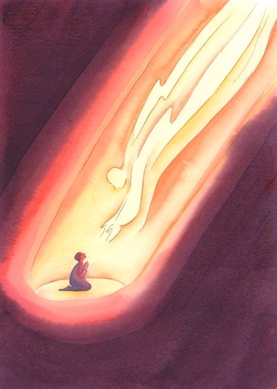 Hvis vi beder med tro, med et barns ærlighed og tillid, rækker Gud altid ned til os, selvom vi ikke føler hans nærvær. , 2004 (w/c på papir) af Elizabeth Wang