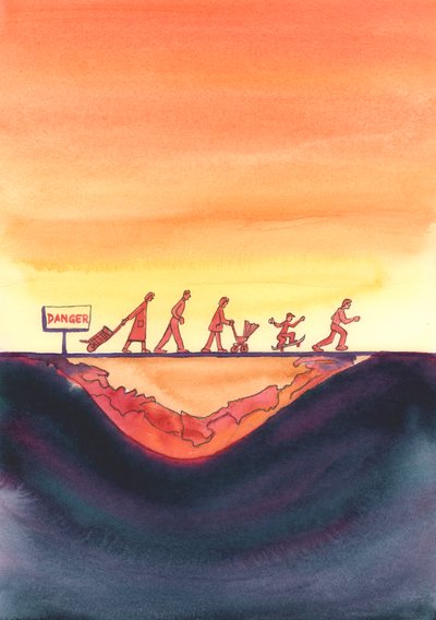 Hvis vi nægter at følge Kristi og hans kirkes lære og føre umoralske liv, er vi som mennesker, der ignorerer et "fare"-skilt og går over en vej, hvor der er alvorlige nedsynkninger, 2004 (w/c) af Elizabeth Wang