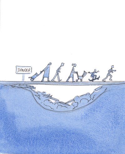 Hvis vi nægter at følge Kristi og hans kirkes lære og føre umoralske liv, er vi som mennesker, der ignorerer et "fare"-skilt og går over en vej, hvor der er alvorlige nedsynkninger, 2004 (w/c) af Elizabeth Wang