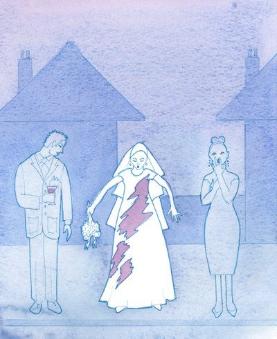 Forestil dig, hvor flov en brud ville være, hvis kjole var blevet plettet af en spildt drink, og som så tænkte på sin gang mod alteret, 2003 (w/c på papir) af Elizabeth Wang