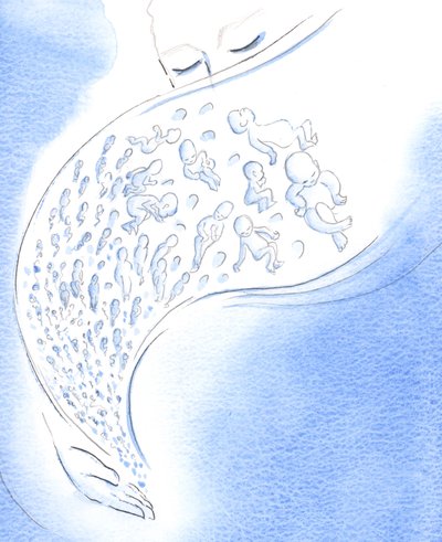 I Guds øjne er små babyer, der dør - før fødslen eller efter - som stjerneskud, der blusser kort og derefter falder ned fra himlen, 2002 (w/c på papir) af Elizabeth Wang