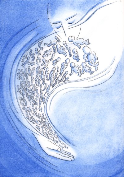 I Guds øjne er små babyer, der dør - før fødslen eller efter - som stjerneskud, der blusser kort og derefter falder ned fra himlen, 2002 (w/c på papir) af Elizabeth Wang