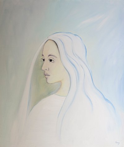 I himlen deler Jomfru Maria sin søns bekymring for alt, hvad der sker på jorden, 2000 (olie om bord) af Elizabeth Wang