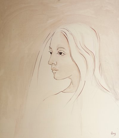 I himlen deler Jomfru Maria sin søns bekymring for alt, hvad der sker på jorden, 2000 (olie om bord) af Elizabeth Wang