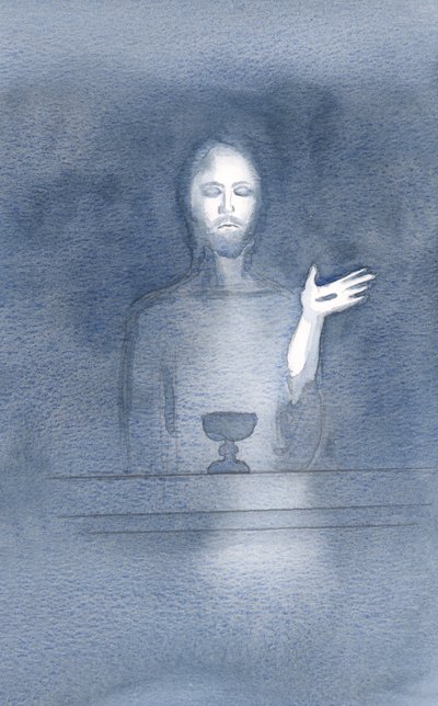 I sin barmhjertighed kommer Kristus til vores alter, dagligt, mens vi byder ham velkommen, i troens mørke, 2000 (w/c på papir) af Elizabeth Wang