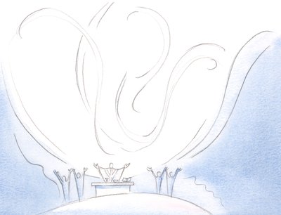 I den hellige nadver kalder Kristus den tillidsfulde sjæl til himmelsk dans, i glæden ved den hellige treenighed, 2000 (w/c på papir) af Elizabeth Wang