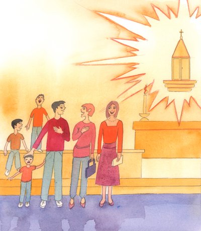 I kirken er vi på tærsklen til Himlen, i Kristi nærvær, 2003 (w/c på papir) af Elizabeth Wang
