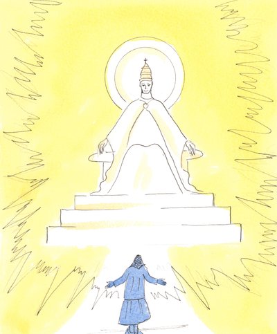 I tro kan vi se et flammende lys, højt oppe i kirken over helligdommen, 2004 (w/c på papir) af Elizabeth Wang