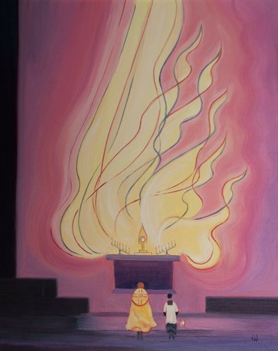 I vores helligdom, i Kristus, især ved udlægningen af det hellige sakramente, har vi Guddommens fylde og herlighed foran os, og nåder udgydes over os, 2002 (olie om bord) af Elizabeth Wang