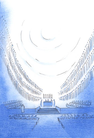 I katedralen, ved en ordinationsmesse, åbenbarede Faderen noget af sin majestæt og herlighed, midt blandt de hellige, 2003 (w/c på papir) af Elizabeth Wang