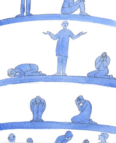 I skærsildens lavere dybder er sjæle - som desperate mennesker i et middelalderligt fangehul, der klemmer sig tæt på væggene - som ikke har nogen til at bede for dem., 2004 (w/c på papir) af Elizabeth Wang