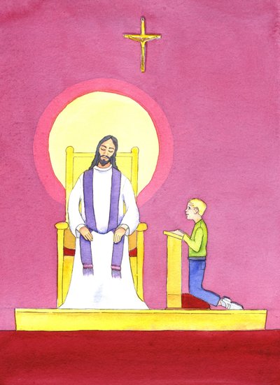 I skriftemålets sakramente tjener præsten i Kristi person og bringer hans medfølelse og barmhjertighed til de angrende, 2001 (w/c på papir) af Elizabeth Wang