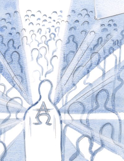 I sjælen, der tilbeder den hellige treenighed, er Gud den første og den sidste, alfa og omega, tronet der ved sjælens samtykke til Guds vilje, 2000 (w/c på papir) af Elizabeth Wang