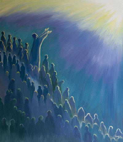 Det er gennem Jesus, som går i forbøn for os ved den hellige messe, at vores bøn stiger til Faderen, i Ånden, 2000 (olie om bord) af Elizabeth Wang