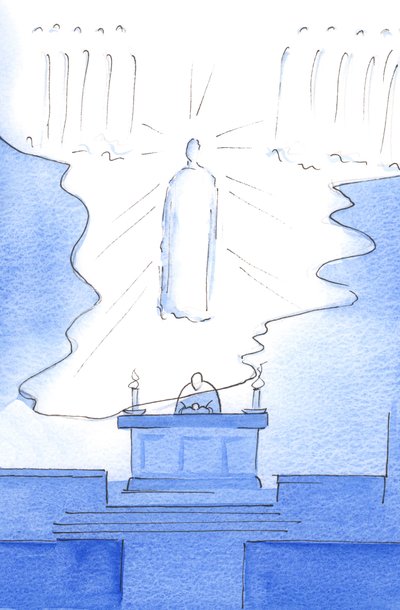 Det var, som om selve himlens gulv blev forlænget over alteret, så Kristus var til stede både i himlen og på alteret, 2003 (w/c på papir) af Elizabeth Wang