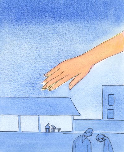 Det er, som om Faderens hånd rækker ud over de steder, hvor der høres bekendelser, 2003 (w/c på papir) af Elizabeth Wang