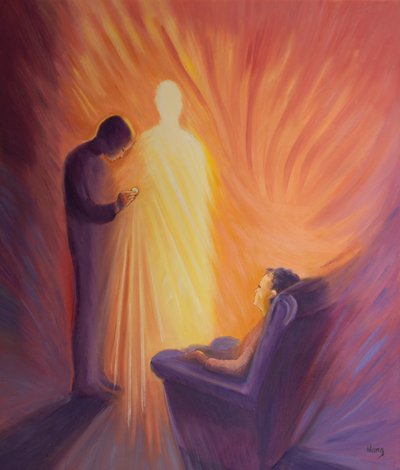 Jesus Kristus kommer til os i hellig nadver, når vi er syge eller hjemmebundet, 2001 (olie om bord) af Elizabeth Wang