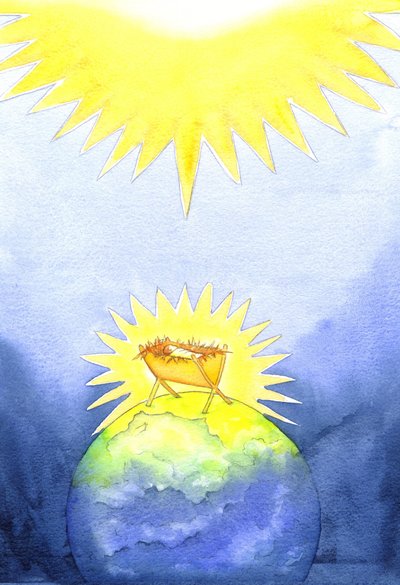 Jesus Kristus er gudskabt menneske; alligevel kom han til jorden ikke med magt, men som en hjælpeløs baby, 2001 (w/c på papir) af Elizabeth Wang