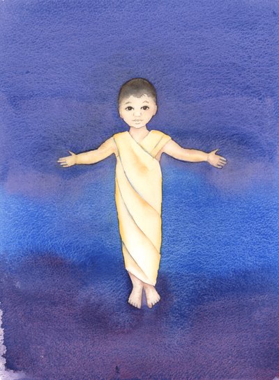 Jesus Kristus er sand Gud, som påtog sig vores menneskelige natur og havde ydmygheden og godheden til at komme iblandt os som et spædbarn, 2003 (w/c på papir) af Elizabeth Wang