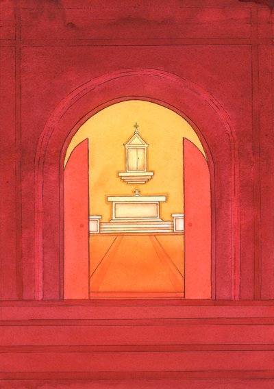 Jesus Kristus er virkelig til stede i det hellige sakramente i tabernaklet, 2004 (w/c på papir) af Elizabeth Wang