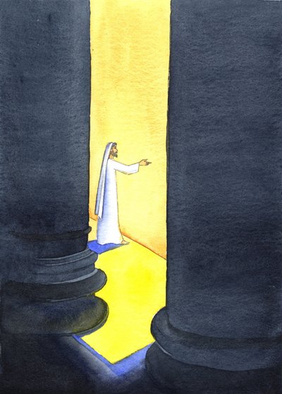 Jesus Kristus prædikede i templet, og folkemængderne hang på hans ord, 2001 (w/c på papir) af Elizabeth Wang
