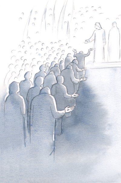 Jesus korsfæstet venter ved himlens port, med sin mor Maria og de hellige engle, 2000 (w/c på papir) af Elizabeth Wang