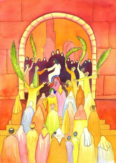 Jesus går ind i Jerusalem i procession (palmesøndag), 2001 (w/c på papir) af Elizabeth Wang